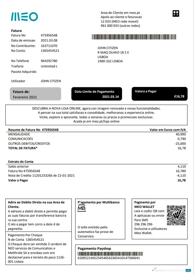 download Portugal MEO utility bill template in Word and PDF format, fully editable PDF template